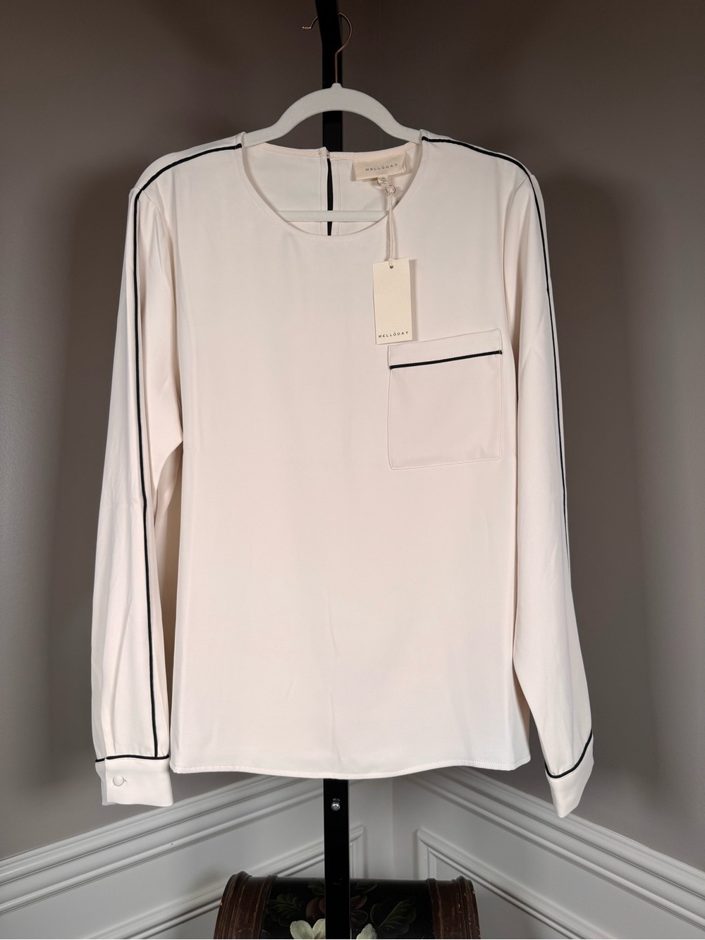 Melloday Ivory Contrast Trim Long Sleeve Blouse NWT Size XL